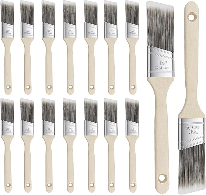15 PCS 1.5 Inch Paint Brushes Set, Angle Sash Brush Wooden Handle Paintbrush for Painting Walls, Acrylics, Stains, Interior Exterior Home Improvement