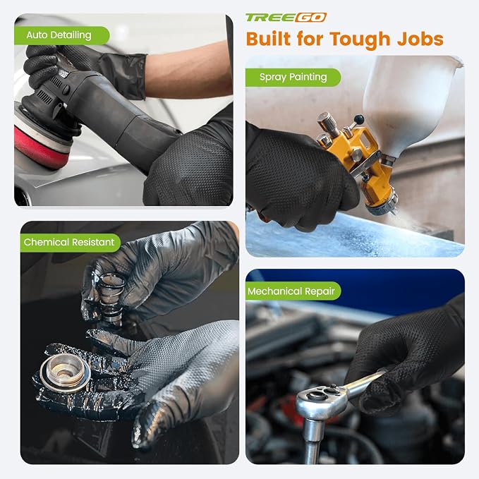 TREEGO 10 Mil Heavy Duty Black Nitrile Mechanic Gloves, 50 Count XL | Diamond Grip, Latex & Powder Free for Heavy Equipment Service, Truck Repair & Industrial Maintenance