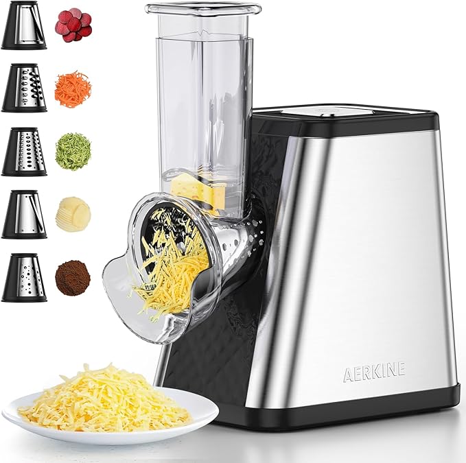 Electric Cheese Grater for Block Cheese - Electric Vegetable Chopper with 5 Blades, Automatic Shredder for Potato Carrot Cucumber Cabbage Onion Kitchen Essentials