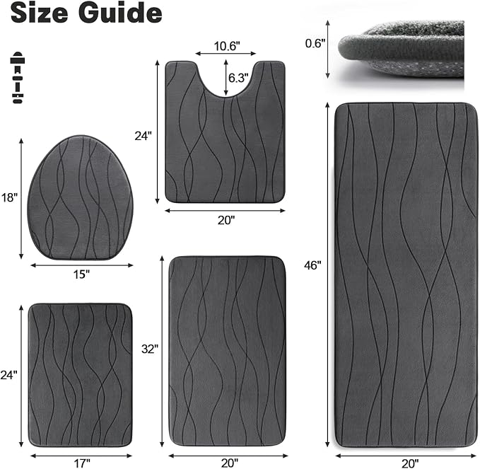 YIHOUSE Bathroom Rugs Set 5 Piece, Memory Foam Bath Mat Dark Grey | Ultra Soft, Absorbent, Non-Slip, Machine Washable, for Bathroom, Sink and Toilet