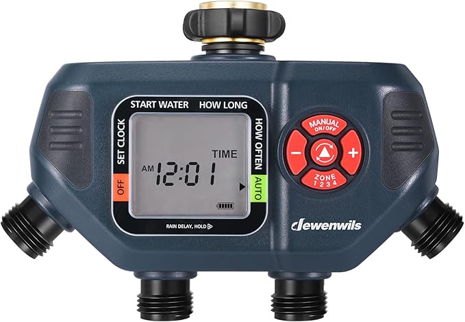 DEWENWILS Sprinkler Timer 4 Zone, Water Timer for Garden Hose with Rain Delay/Manual/AUTO Irrigation, Programmable Outdoor Faucet Hose for Yard, Lawn