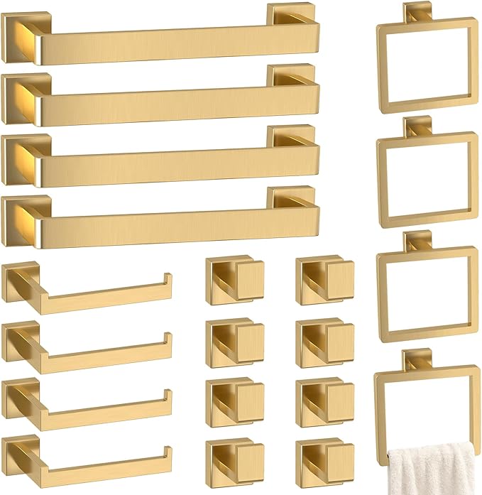 Bathroom Accessory Towel Bar Set: 20 Pieces Gold Bathroom Hardware Square SUS304 Stainless Steel - Wall Mounted Towel Rack&Toilet Paper Holder&Towel Ring and Towel Hook