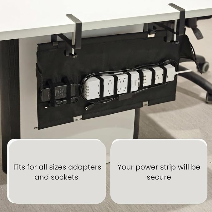 Large Under Desk Cable Management Tray, 28", Black Standing Under Cable | No Drill, Fabric Cord Organizer with Reinforced Base, Clamp Mount Wire Management, For Office/Home & Standing Desk