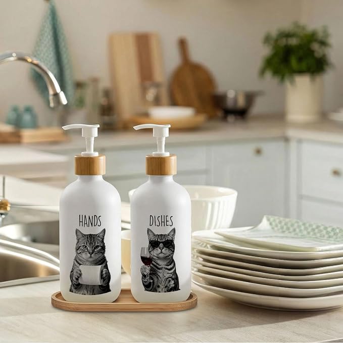 Tabby Cat Hand and Dish Soap Dispenser Set, Cat Lover Mom Dad Owner Gifts Glass Soap Dispenser for Kitchen, Funny Kitty Kitten Refillable Handsoap Pump Bottle for Bathroom Countertop