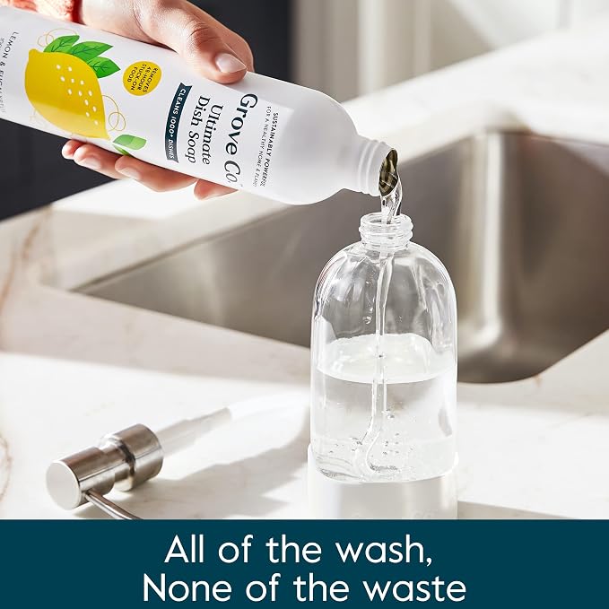Grove Co. Dish Soap, 3 x 16 fl oz Refills, Lemon & Eucalyptus | Plastic-Free; Refill format; Natural Fragrance; Removes Stuck on Food; 98% plant-based ingredients