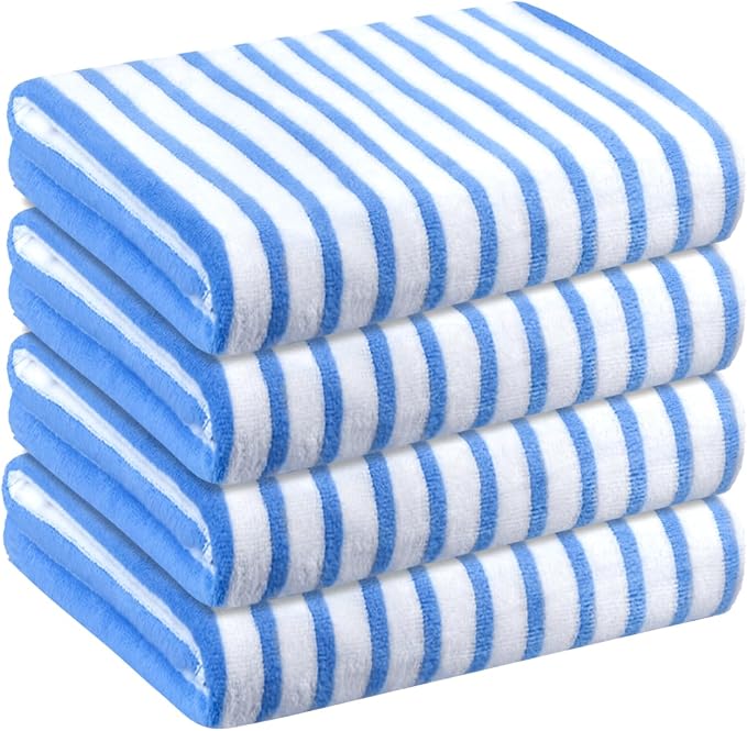 JML Microfiber Beach Towels, 4 Pack, 30" x 60", Cabana Stripe Blue | Hanging Loop,Soft, Absorbent, Quick Dry, Lint-free, No Fading Bath Towel for Summer Swimming Pool Party