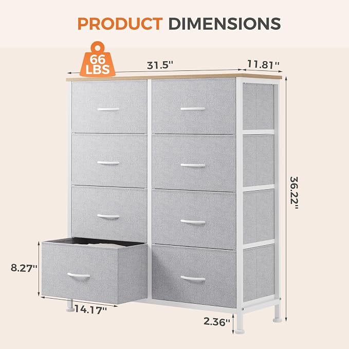 Sweetcrispy 8 Drawer Fabric Dresser for Bedroom, Tall Dresser, Light Grey | Chest of Drawers with Sturdy Steel Frame and Wooden Top, Closet Living Room Storage Organizer with Easy Pull Handles