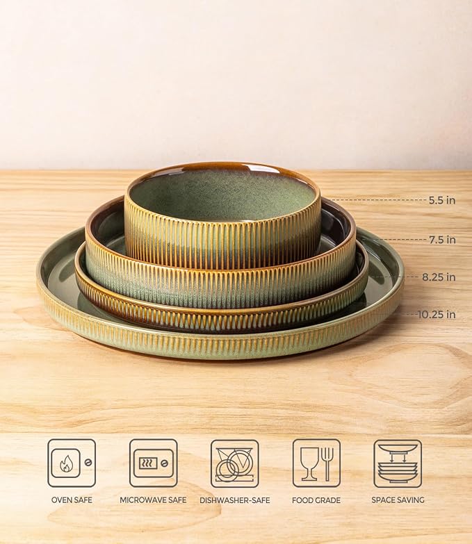 TheTerra Ceramic Dinnerware Sets with Pasta Bowls for 4, 16 Pieces Porcelain Lightweight Plates and Bowls Sets, Scratch Resistant Dish Set, Oven & Microwave & Dishwasher Safe, Sage Umber