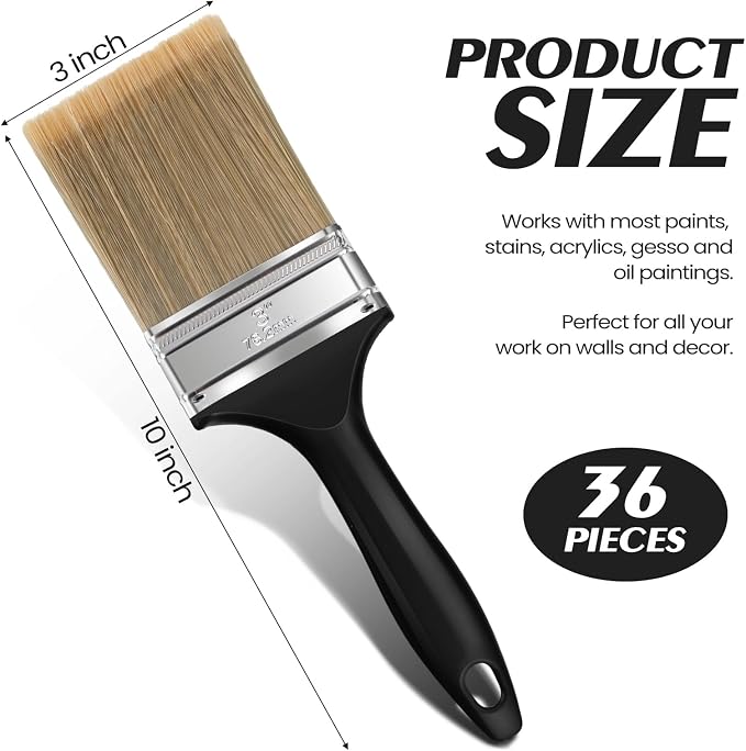 Layhit 24 Pcs Paint Brushes House Chip Paintbrush with Treated Plastic Handles Wide Flat Wall Trim Painting Tool for Paint Stains Wood Cabinet Deck Fence Door Furniture Home DIY (3”)