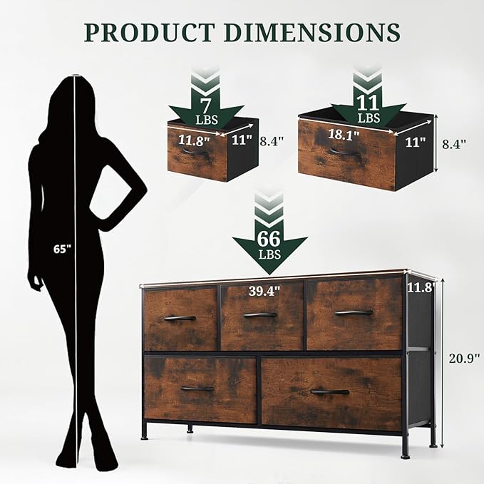 5-Drawer Dresser for Bedroom, Anti-Tip Wide Storage Organizer Fabric Chest of Drawers TV Stand for 45" TV with Wooden Top and Metal Frame for Closet, Living Room, Hallway, Entryway, Brown