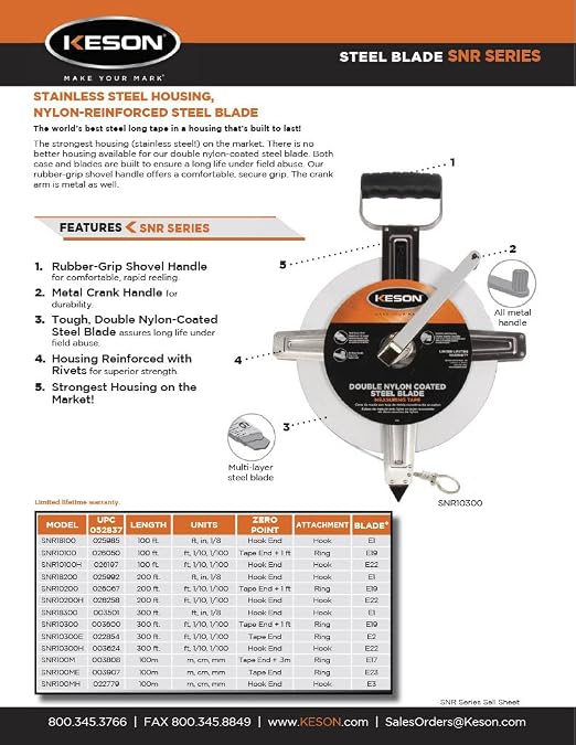Keson SNR18100 Nylon-Reinforced Steel Blade Tape Measure, Stainless Steel Housing with Hook End (Graduations: ft., in., 1/8), 100-Foot