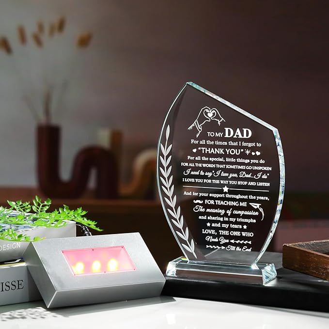 QIANWEI Fathers Day Dad Gifts from Daughter Son Unique Glass Plaque with Colorful Led Base, To My Dad Meaningful Birthday Present for Christmas Thanksgiving Valentines Day