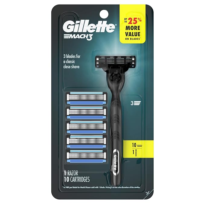 Gillette Mach3 Shaving Razor for Men, 1 Razor Gillette 3-Blade Handle for Men’s Grooming, 10 Razor Blade Refills, Lubrication Strip