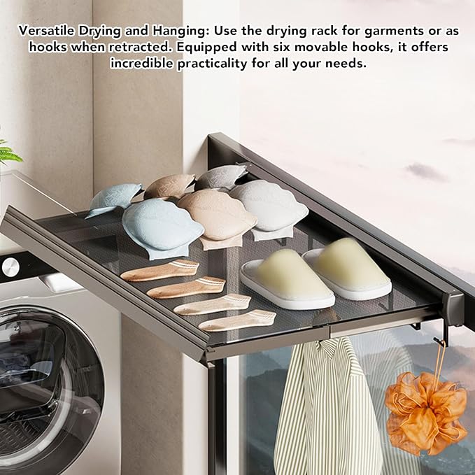 Retractable Drying Rack with Net Wall Mounted Multifunctional Laundry Drying Net with 6 Hooks for Bathroom Balcony Bedroom Space Saving Drying Rack for Small Clothes Socks