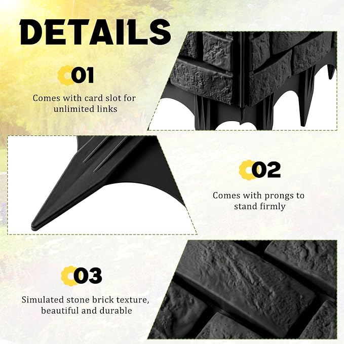 8 Pcs Black Imitation Stone Garden Fence, Faux Stone Retaining Wall Look Garden Bricks Border with Ground Stakes, 17.3 x 12.6 in Plastic Edging Blocks for Flower Beds, Lawn, Mulch