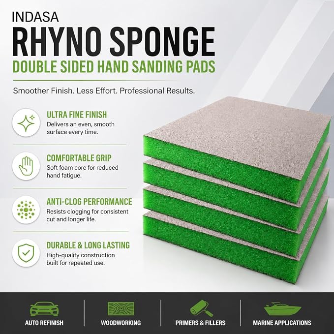 Indasa Rhyno Double Sided Sanding Sponge Pads – Aluminum Oxide, 4.75" x 3.75" x 1/2" – Flexible Foam Sanding Block (100 Pack) (Green (400–600 Grit))