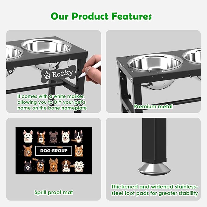 SHAINFUN Metal Elevated Dog Bowls Stand for Large Dogs with Mat & Three 58oz Food Water Bowls, Adjustable Height Raised Dog Bowl Stand