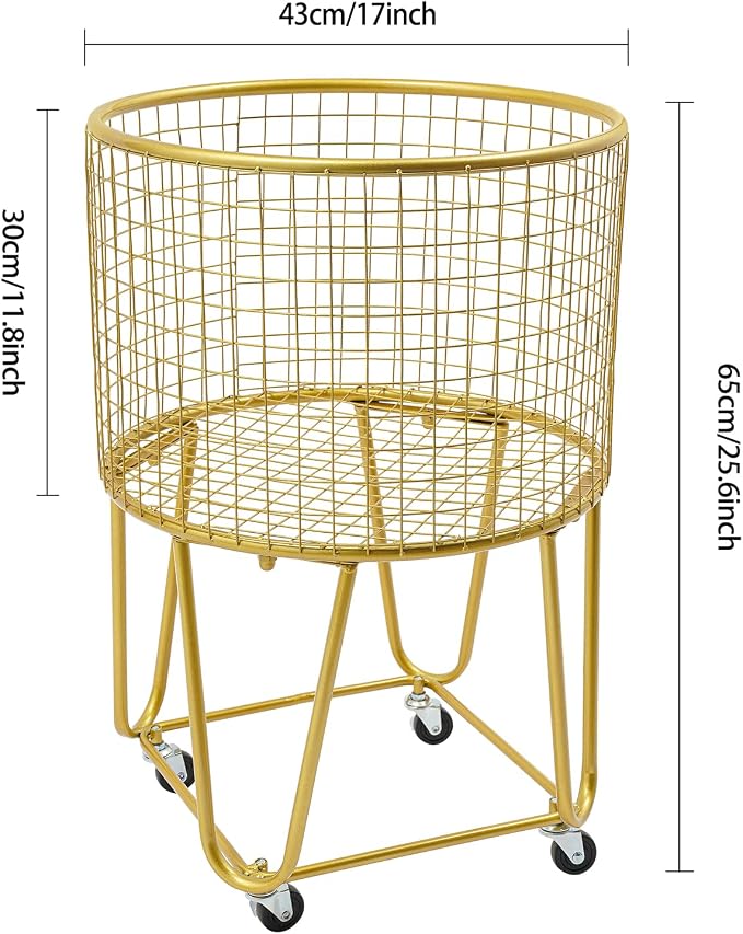 Rolling Laundry Basket with Wheels, Round Metal Mesh Wire Laundry Hamper, Large Capacity Dirty Clothes Basket, Versatile Portable Storage Basket for Home, 17"×11.8"×25.6" (Gold-Round)