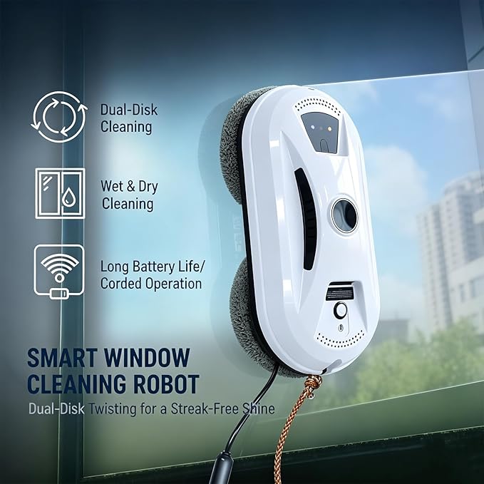 Automatic Smart Window Cleaning Robot, 2800pa Dual Suction for Streak-Free Shine, Drop Protection & 3 Cleaning Modes with Auto Path Planning, Window Cleaning Robot for High-Rise (White)