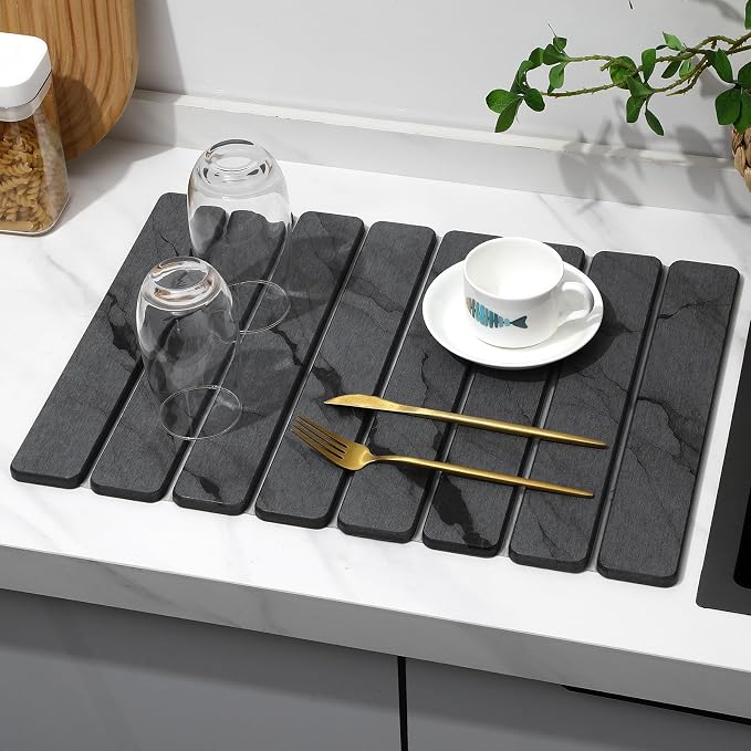 2 PCS Stone Dish Drying Mat for Kitchen Counter,Quick Dry Stone Dishes Mats,Marbled Water Absorbing Diatomaceous Earth Drying Pad for Countertop Bottles Utensils Cups（Dark Gray 20"×14" & 8"x4"）