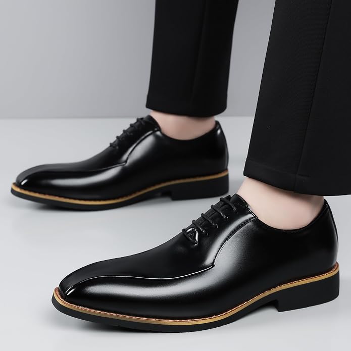 Santimon Men's Leather Dress Shoes - Oxford Lace Up Formal Business Shoes for Men - Polished Leather Dress Shoes with Low Heel