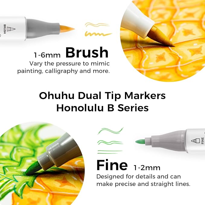 Ohuhu Refillable 320 Colors Alcohol Markers Brush Tip- Double Tipped Alcohol-based Art Sketch Marker Set for Artist Adults Coloring Illustration - Honolulu B of Ohuhu Markers -Brush & Fine Dual Tips