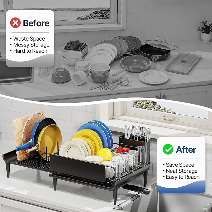 Urackify Expandable Dish Drying Rack with Drainboard for Kitchen Counter | Expands from 16.9 to 26.6 inches to fit more dishes, plates with fast drainage and flexible placement for any sink