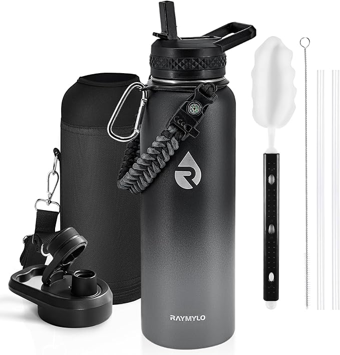 RAYMYLO Insulated Water Bottle 40 oz, Triple Wall Vacuum Stainless Steel (Cold for 36Hrs, Hot for 18Hrs), Leak Proof & Non-BPA, Modern Water Flask Jug with Paracord Handle & Straw Spout Lids