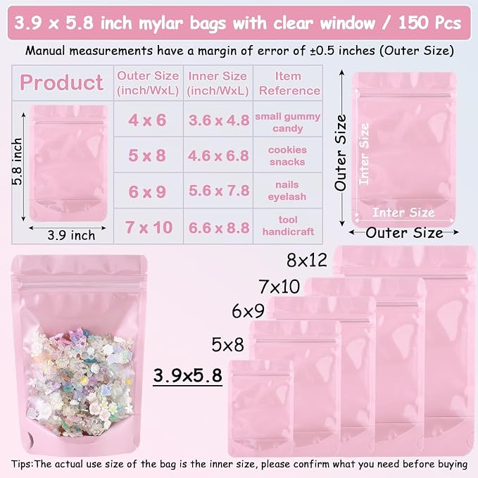 150 Pcs 4x6 Mylar Bags for Food Storage Mylar Bags with Window Stand Up Pouches Small Resealable Smell Proof Bags Freeze Dried Candy Packaging Bulk