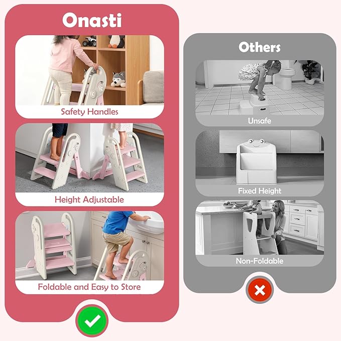 Onasti Foldable Step Stool for Kids & Toddlers, 3 Step Convertible to 2 Step with Handles, Training Stool for Bathroom Sink & Kitchen Counter, Non-Slip Stable Step Stool for Growing Children- Pink