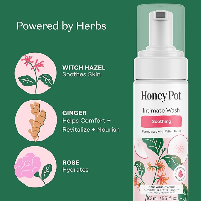 The Honey Pot Company - Feminine Wash - Soothing Witch Hazel - Postpartum Essentials - Herbal Infused w/Witch Hazel, Ginger, and Rose - Pregnancy Safe - pH Balanced Feminine Care - 5.51 Fl Oz