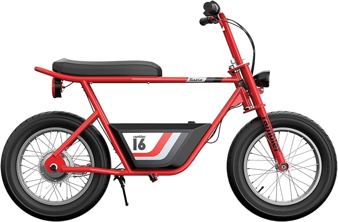 Razor Rambler 16 Electric Retro Mini Bike Ride for Teens Ages 18+, 220 lb Max Weight, Red – 350W Motor, Up to 15.6 Mph, 45-Min Run Time, Twist-Grip Throttle, Spoked Wheels w/ 16” Pneumatic Tires