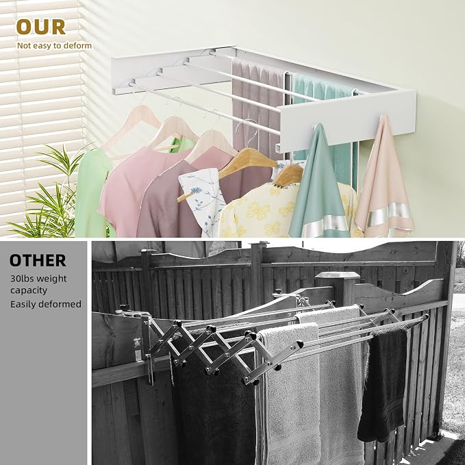 BAKON Wall Mounted Clothes Drying Rack 23.6'',Space Saving for Laundry Room | Heavy Duty Foldable Drying Rack Clothing for Hanging Towel, 60lbs Capacity, 4 Towel Hooks and 4 Rods