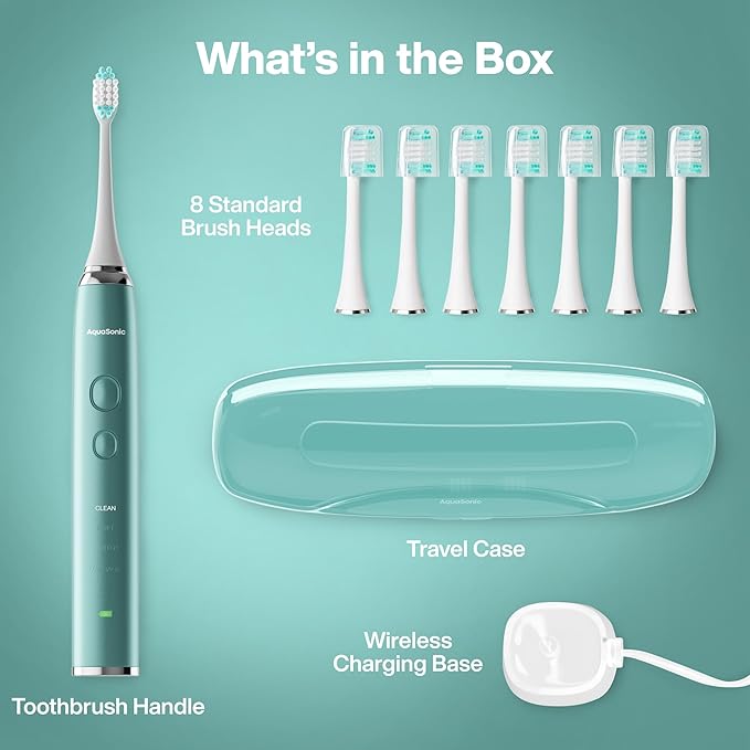Aquasonic Vibe Series Ultra-Whitening Toothbrush – ADA Accepted Power Toothbrush - 8 Brush Heads & Travel Case – 40,000 VPM Motor & Wireless Charging - 4 Modes w Smart Timer – Mint Green Metallic