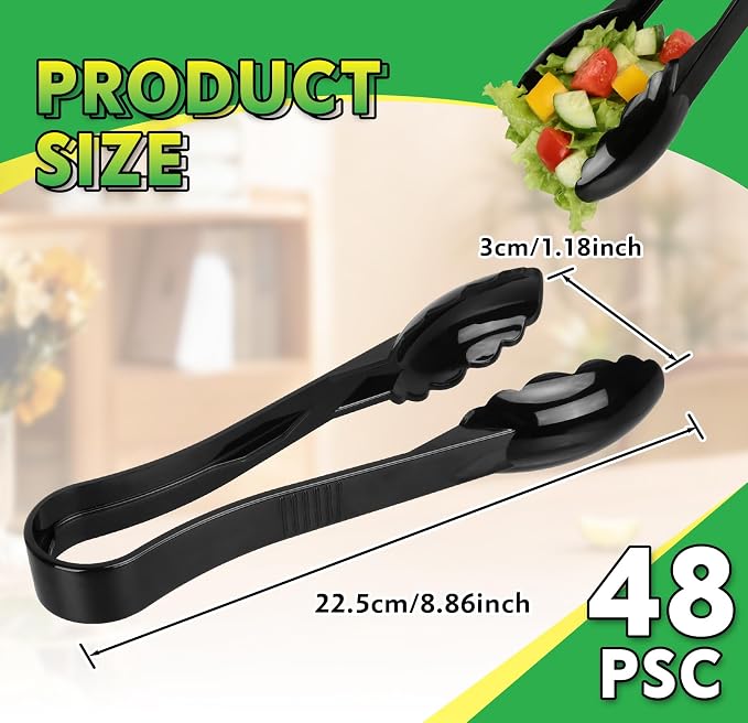 48 Pack Plastic Tongs for Serving, 9 Inch Heavy Duty Hard Plastic Serving Tongs with Scalloped Tips, Reusable or Disposable Serving Utensils for Buffets, BBQ, Bakery, Parties & Catering