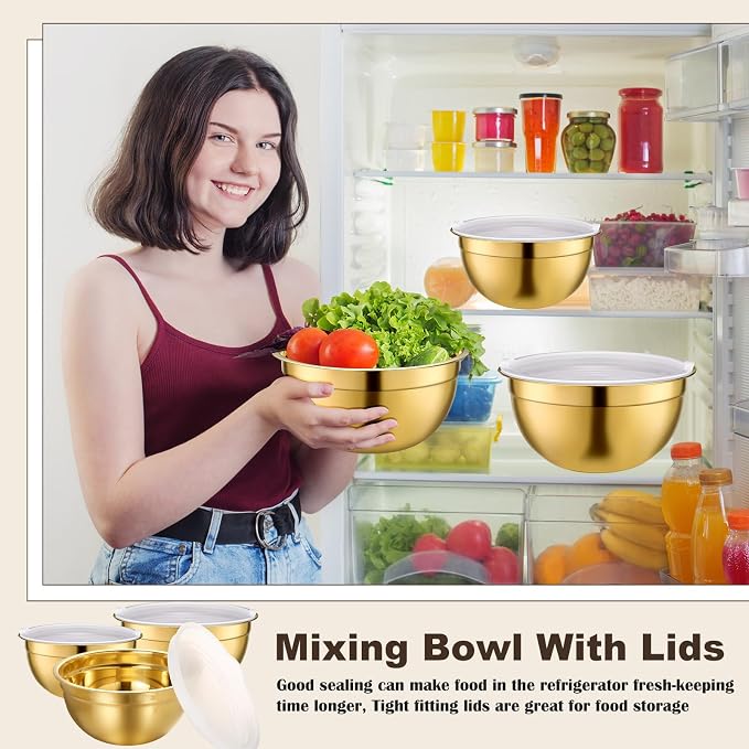LemonRoad 10 Pcs Gold Kitchen Accessories Set, Includes Gold Mixing Bowls with Airtight Lids, Stainless Steel Colander, Grater Slicer, Lemon Squeezer, Peelers, Egg Whisk, Measuring Cups and Spoons