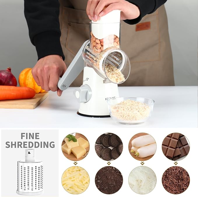 Cambom Rotary Cheese Grater Hand Crank Cheese Shredder for Fresh Cheese, Vegetable, Nuts,Non-slip Suction Base,Three Blades,White