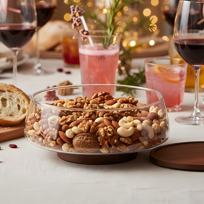 Extra Large Glass Salad Bowl Set, 4.8Qt Mixing Bowl with Acacia Wood Lid, Base and Salad Serving Utensils, Clear Serving Bowl Trifle Bowl, Elegant Salad Bowls for Kitchen,Parties,Christmas