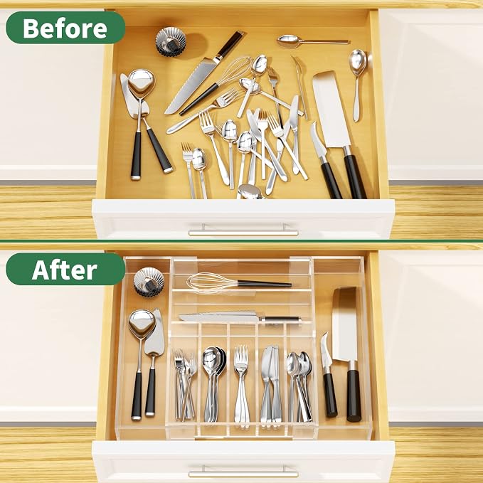 NIUBEE Expandable Kitchen Drawer Organizer for Flatware and Utensils,Clear Acrylic Adjustable Silverware Tray for Drawer,Office,Bathroom Supplies-9 Compartments