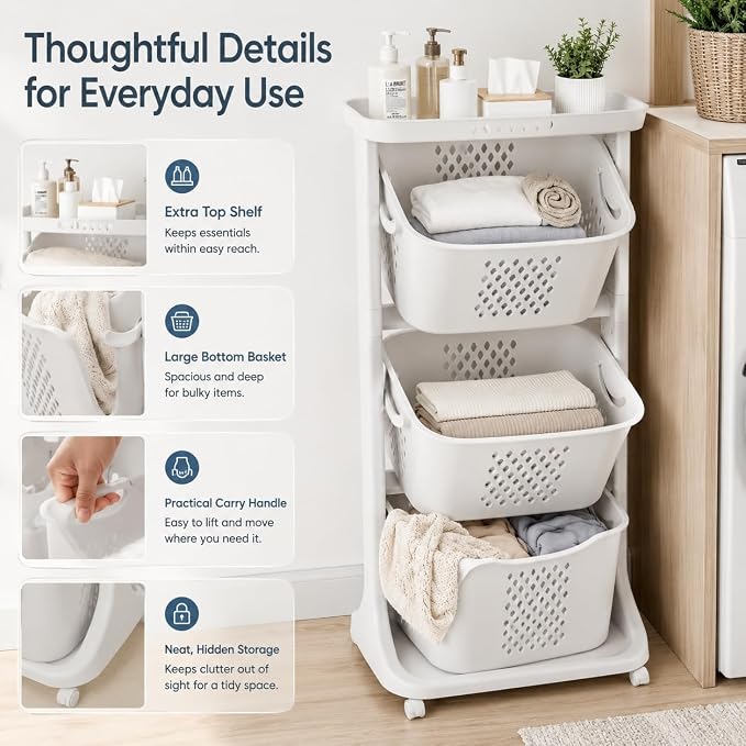 3 Tier Laundry Basket, Stackable Rolling Laundry Sorte Multi-functional Clothes Washing Storage Hamper Bin with Wheels for Bathroom, Household Kitchen (White)