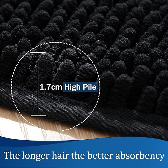 LOCHAS Luxury Bathroom Rug Shaggy Bath Mat 24 x 17 Inch, Black | Washable Non Slip Bath Rugs for Bathroom Shower, Soft Plush Chenille Absorbent Carpets