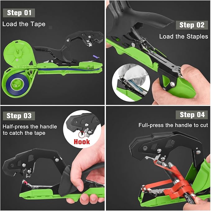 FUNTECK Easy & Fast Plant Tying Machine for Tomatoes, Grapes, Cucumbers - Professional Tying Tool Saves Labor with Spare Tapes and Staples, Green/Black