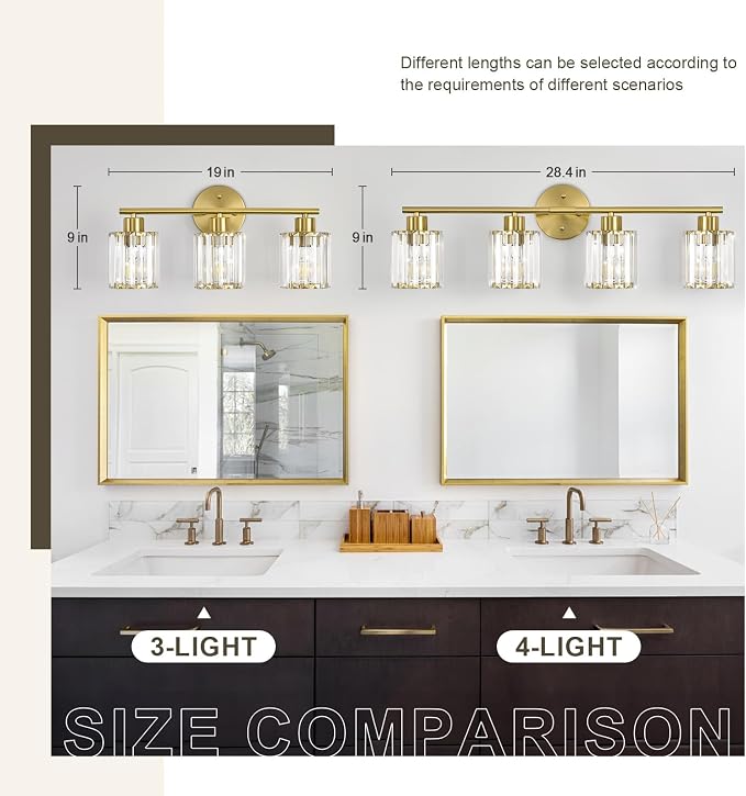 Crystal Bathroom Light Fixtures, Bathroom Lighting Fixtures Over Mirror, Modern 4-Light Gold Vanity Lights for Mirror, Restroom, Kitchen(Ceramic E26 Socket,Bulbs Not Include)