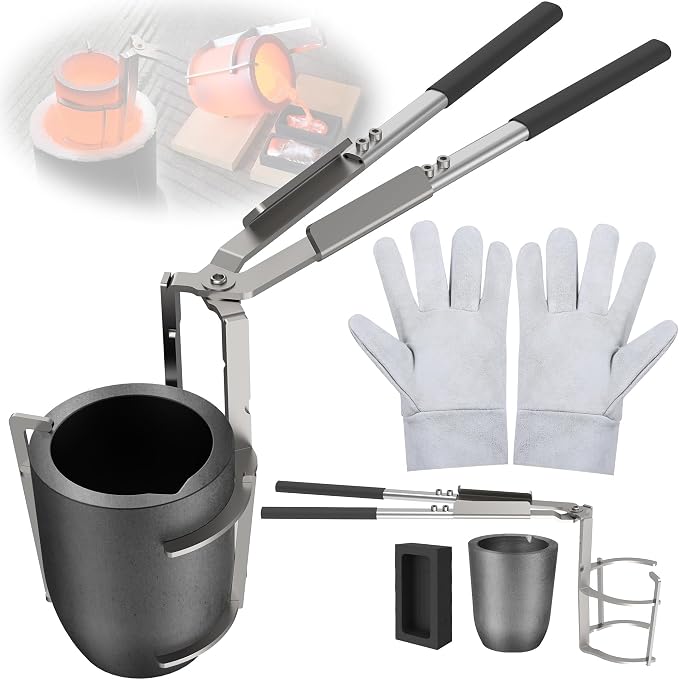 CANALHOUT 6kg Crucible Tongs Set for Melting Metal | 2-in-1 Lifting & Pouring Tong w/ Spouted Graphite Crucible, Ingot Mold & Gloves, for Metal Melting Jewelry Casting