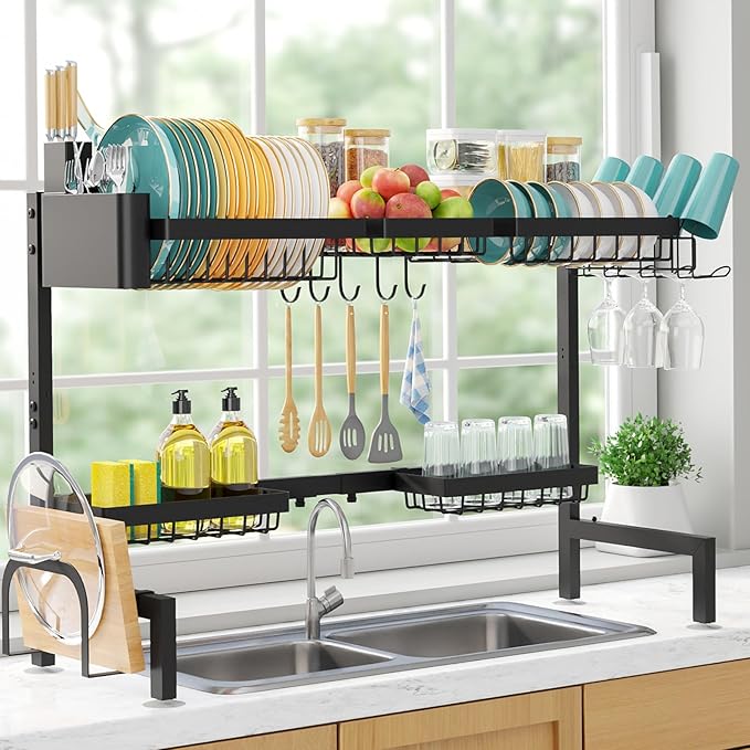 Sakugi Over The Sink Dish Drying Rack - Adjustable 2 Tier X-Large Capacity Stainless Steel Drainer with Cutlery & Utensil Holders, Kitchen Storage & Organization, 32"-39.5" L x 12" W x 25" H, Black