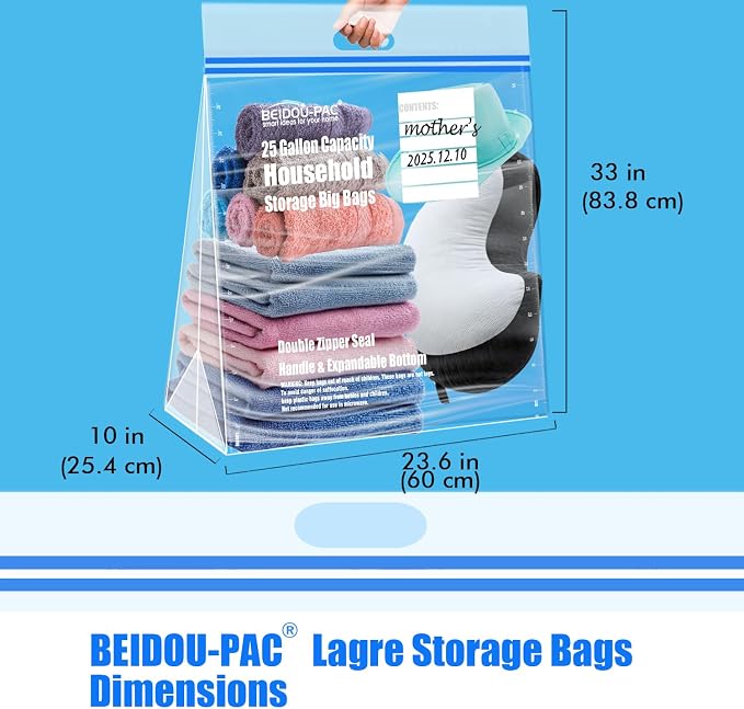 BEIDOU-PAC 25 Gallon Jumbo Storage Bags with Handle, 30 Counts | Double Zipper Seal | Expandable Bottom, Resealable Clear zip Bags for Home Travel, Moving, Commercial and Outdoor