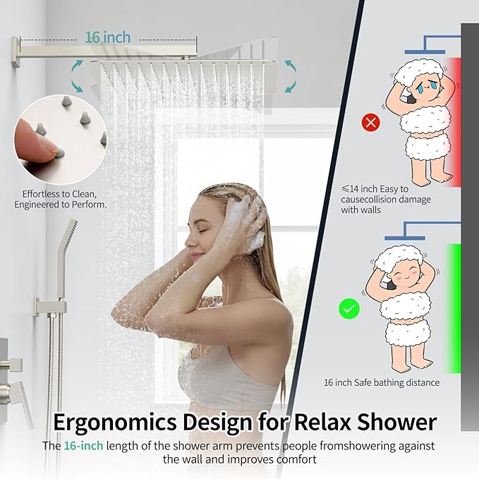 SR SUN RISE Shower Faucet - 16 Inch Rain Shower System - All Metal Shower Fixtures - Brushed Nickel