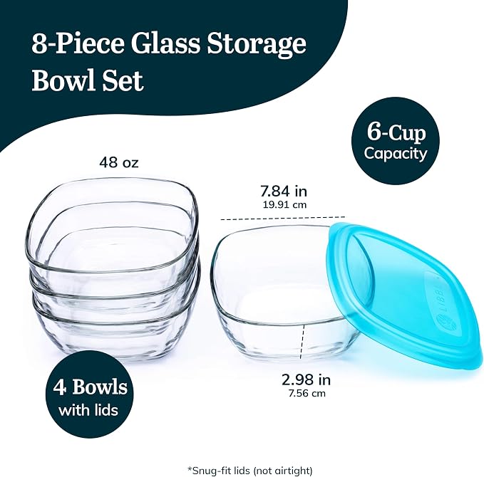 Libbey Serve It Glass Storage Bowls Set of 8 Stackable 6-Cup Food Storage Containers with Sung Fit Lids, Glass Bowls Set for Snacks, Leftover or Meal Prep
