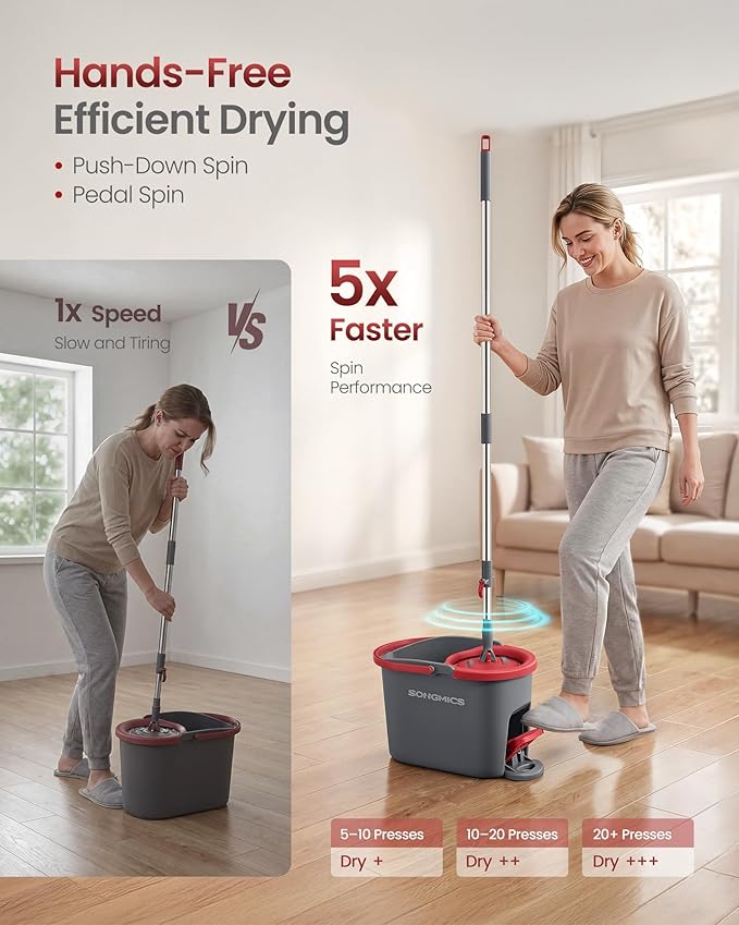 SONGMICS Spin Mop and Bucket Set with Pedal Wringer, Floor Cleaning Mop, Adjustable Telescopic Handle, Max. 59.1-Inch Length, 360° Rotating Head, 2 Microfiber Pads, Gray and Red ULMB002GT02