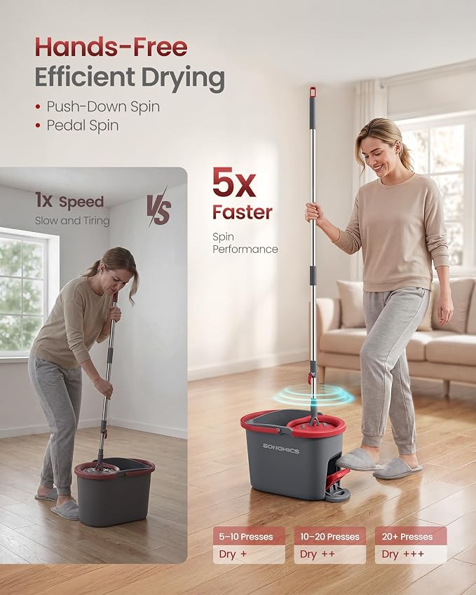 SONGMICS Spin Mop and Bucket Set with Pedal Wringer, Floor Cleaning Mop, Adjustable Telescopic Handle, Max. 59.1-Inch Length, 360° Rotating Head, 3 Microfiber Pads, Gray and Red ULMB002GT03